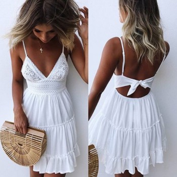 Spaghetti Strap Bow Dresses Sexy Women V-neck Sleeveless Beach Backless Lace Patchwork
